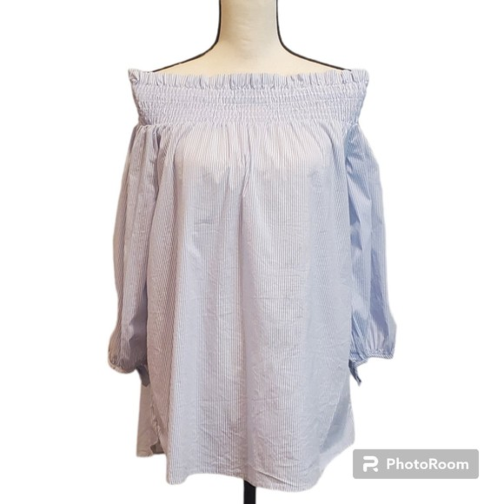 Signature Studio Blue and White Striped Off the Shoulder Blouse‎ Sz Med
